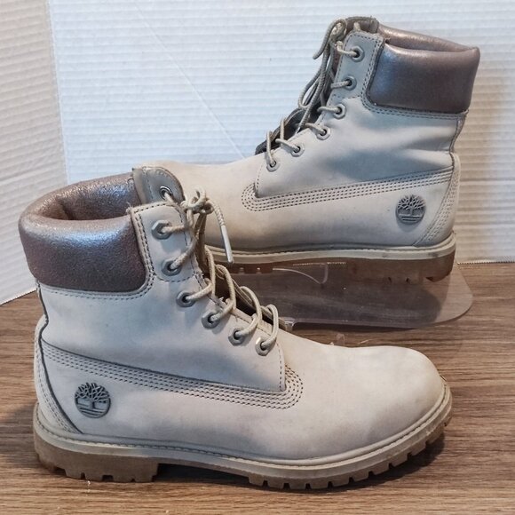 Timberland Insulated Lace Up Combat Boots Sz 7 Grey Silver Leather Retro Booties - Picture 2 of 14